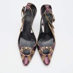 Pre Owned Gucci Beige/Purple GG Canvas and Leather Chain Detail Ankle Strap Pumps Size 36