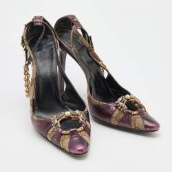 Pre Owned Gucci Beige/Purple GG Canvas and Leather Chain Detail Ankle Strap Pumps Size 36
