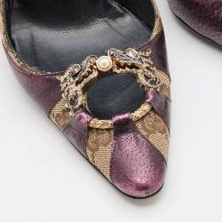 Pre Owned Gucci Beige/Purple GG Canvas and Leather Chain Detail Ankle Strap Pumps Size 36