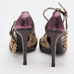 Pre Owned Gucci Beige/Purple GG Canvas and Leather Chain Detail Ankle Strap Pumps Size 36