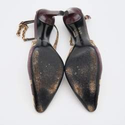 Pre Owned Gucci Beige/Purple GG Canvas and Leather Chain Detail Ankle Strap Pumps Size 36