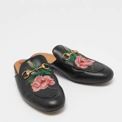 Pre Owned Gucci Black Leather Rose Embroidered Princetown Flat Mules Size 38