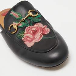 Pre Owned Gucci Black Leather Rose Embroidered Princetown Flat Mules Size 38