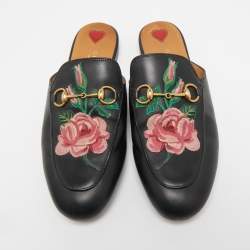 Pre Owned Gucci Black Leather Rose Embroidered Princetown Flat Mules Size 38
