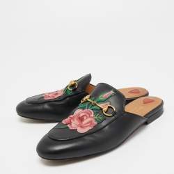 Pre Owned Gucci Black Leather Rose Embroidered Princetown Flat Mules Size 38