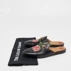 Pre Owned Gucci Black Leather Rose Embroidered Princetown Flat Mules Size 38