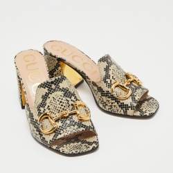 Gucci Black/Beige Snakeskin Embossed Leather Horsebit Slide Sandals Size 38.5
