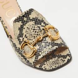 Gucci Black/Beige Snakeskin Embossed Leather Horsebit Slide Sandals Size 38.5