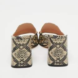 Gucci Black/Beige Snakeskin Embossed Leather Horsebit Slide Sandals Size 38.5
