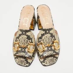 Gucci Black/Beige Snakeskin Embossed Leather Horsebit Slide Sandals Size 38.5