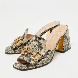 Gucci Black/Beige Snakeskin Embossed Leather Horsebit Slide Sandals Size 38.5