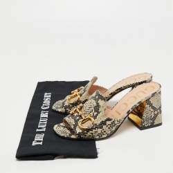 Gucci Black/Beige Snakeskin Embossed Leather Horsebit Slide Sandals Size 38.5