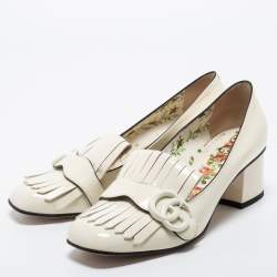 Pre Owned Gucci Cream Patent Leather Double G Fringes Mid Heel Pumps Size 37.5