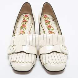 Pre Owned Gucci Cream Patent Leather Double G Fringes Mid Heel Pumps Size 37.5