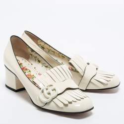 Pre Owned Gucci Cream Patent Leather Double G Fringes Mid Heel Pumps Size 37.5