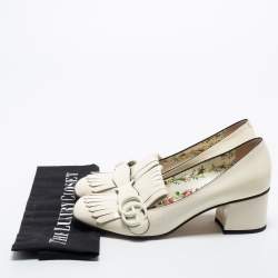 Pre Owned Gucci Cream Patent Leather Double G Fringes Mid Heel Pumps Size 37.5