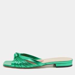 Pre Owned Gucci Metallic Green Knotted Leather Flat Slides Size 39.5