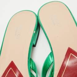 Pre Owned Gucci Metallic Green Knotted Leather Flat Slides Size 39.5