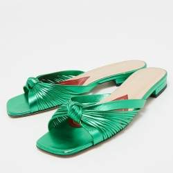Pre Owned Gucci Metallic Green Knotted Leather Flat Slides Size 39.5