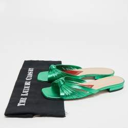 Pre Owned Gucci Metallic Green Knotted Leather Flat Slides Size 39.5
