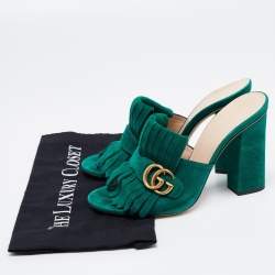 Pre Owned Gucci Green Suede GG Marmont Fringe Slide Sandals Size 40.5