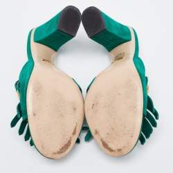 Pre Owned Gucci Green Suede GG Marmont Fringe Slide Sandals Size 40.5