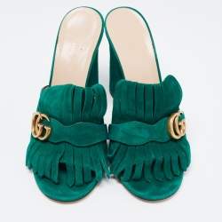 Pre Owned Gucci Green Suede GG Marmont Fringe Slide Sandals Size 40.5