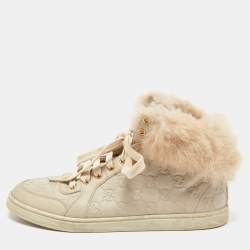 Gucci Cream Guccissima Leather and Fur High Top Sneakers Size 38