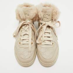 Gucci Cream Guccissima Leather and Fur High Top Sneakers Size 38