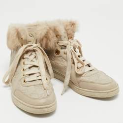 Gucci Cream Guccissima Leather and Fur High Top Sneakers Size 38
