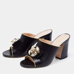 Gucci Black Leather Pearl Bee Embellished Block Heel Slide Sandals