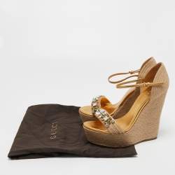 Gucci Beige/Gold Jute and Leather Crystal Embellished Espadrille Wedge Sandals Size 39