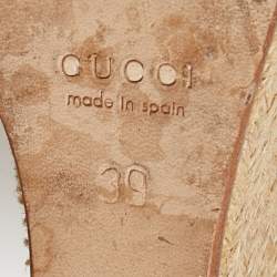 Gucci Beige/Gold Jute and Leather Crystal Embellished Espadrille Wedge Sandals Size 39