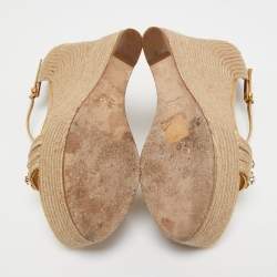 Gucci Beige/Gold Jute and Leather Crystal Embellished Espadrille Wedge Sandals Size 39