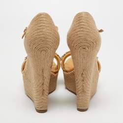 Gucci Beige/Gold Jute and Leather Crystal Embellished Espadrille Wedge Sandals Size 39