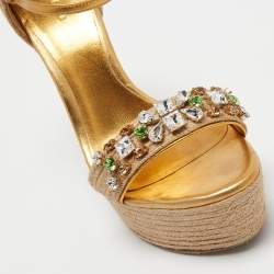 Gucci Beige/Gold Jute and Leather Crystal Embellished Espadrille Wedge Sandals Size 39