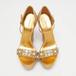 Gucci Beige/Gold Jute and Leather Crystal Embellished Espadrille Wedge Sandals Size 39