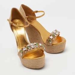 Gucci Beige/Gold Jute and Leather Crystal Embellished Espadrille Wedge Sandals Size 39