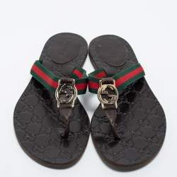 Pre Owned Gucci Tricolor Web and Leather GG Thong Flat Slides Size 37.5