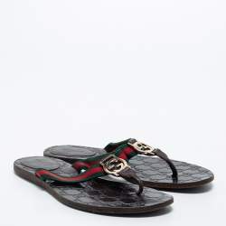 Pre Owned Gucci Tricolor Web and Leather GG Thong Flat Slides Size 37.5