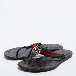Pre Owned Gucci Tricolor Web and Leather GG Thong Flat Slides Size 37.5