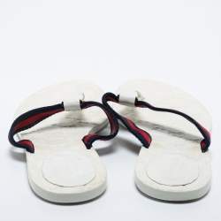 Pre Owned Gucci White Leather GG Web Thong Flats Size 37.5