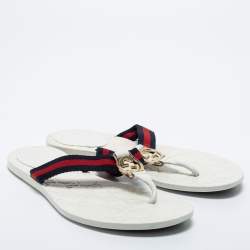 Pre Owned Gucci White Leather GG Web Thong Flats Size 37.5