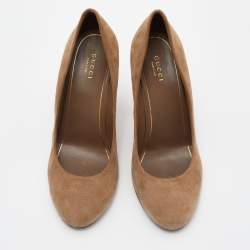 Pre Owned Gucci Brown Suede Studded Block Heel Pumps Size 38.5