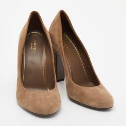 Pre Owned Gucci Brown Suede Studded Block Heel Pumps Size 38.5