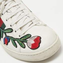 Pre Owned Gucci White Leather Floral Embroidered Ace Sneakers Size 40
