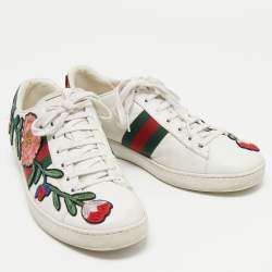Pre Owned Gucci White Leather Floral Embroidered Ace Sneakers Size 40