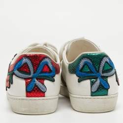 Pre Owned Gucci White Leather Floral Embroidered Ace Sneakers Size 40