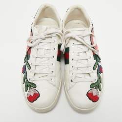 Pre Owned Gucci White Leather Floral Embroidered Ace Sneakers Size 40
