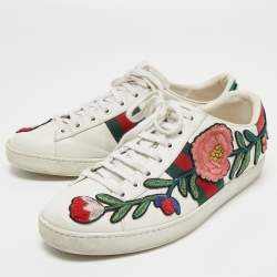 Pre Owned Gucci White Leather Floral Embroidered Ace Sneakers Size 40